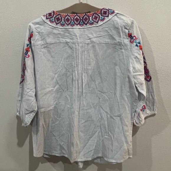 Chico’s Pin Striped 100%Cotton Tassel Trim Top, Chico’s Size 2P-US Medium Petite - Picture 7 of 11